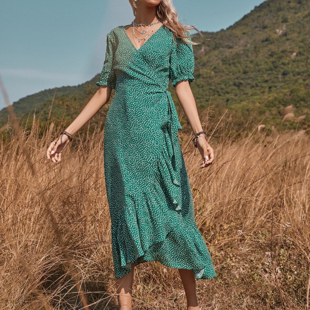 Boho Red Polka Dot Ruffle Wrap Midi Dress - Picture 4 of 12